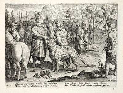 De Grote Koning van de Parthen jaagt met zijn tamme panters, illustratie uit 